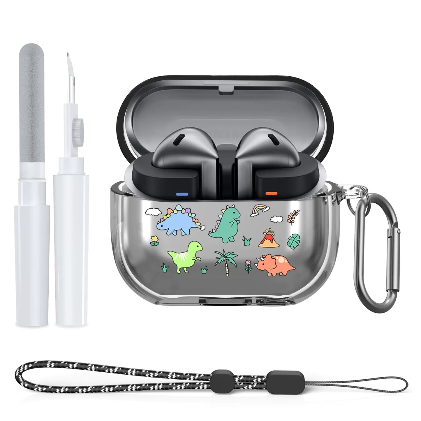 Compatible with Samsung Galaxy Buds3 Pro and Galaxy Buds 3 (2024) Case with Cleaner Kit Soft TPU Protective Case with Carabiner & Lanyard Accessories Set(Dinosaurs)