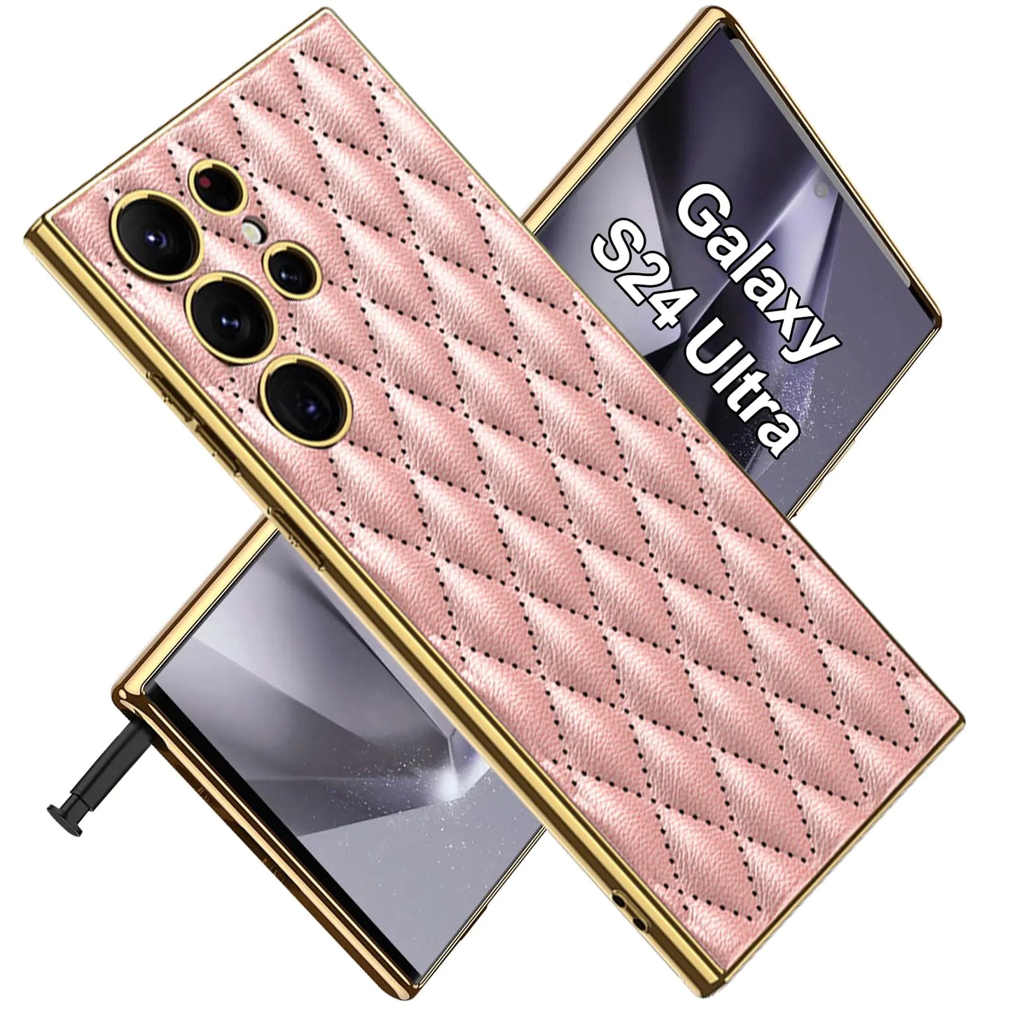 Samsung Galaxy S24 Ultra Case Leather Cute Diamond S24 Ultra Case with Camera Lens Protector for Women Men Soft PU + Electroplated Frame Non-Slip Shockproof Case for Samsung S24 Ultra - Pink