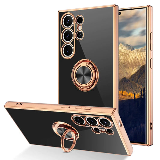 Samsung S24 Ultra Case with Ring Holder Kickstand Soft Slim Thin TPU Shockproof Electroplated Micro-Fibre Lining Anti-Scratch Protective Phone Case for Samsung Galaxy S24 Ultra 6.8" Black