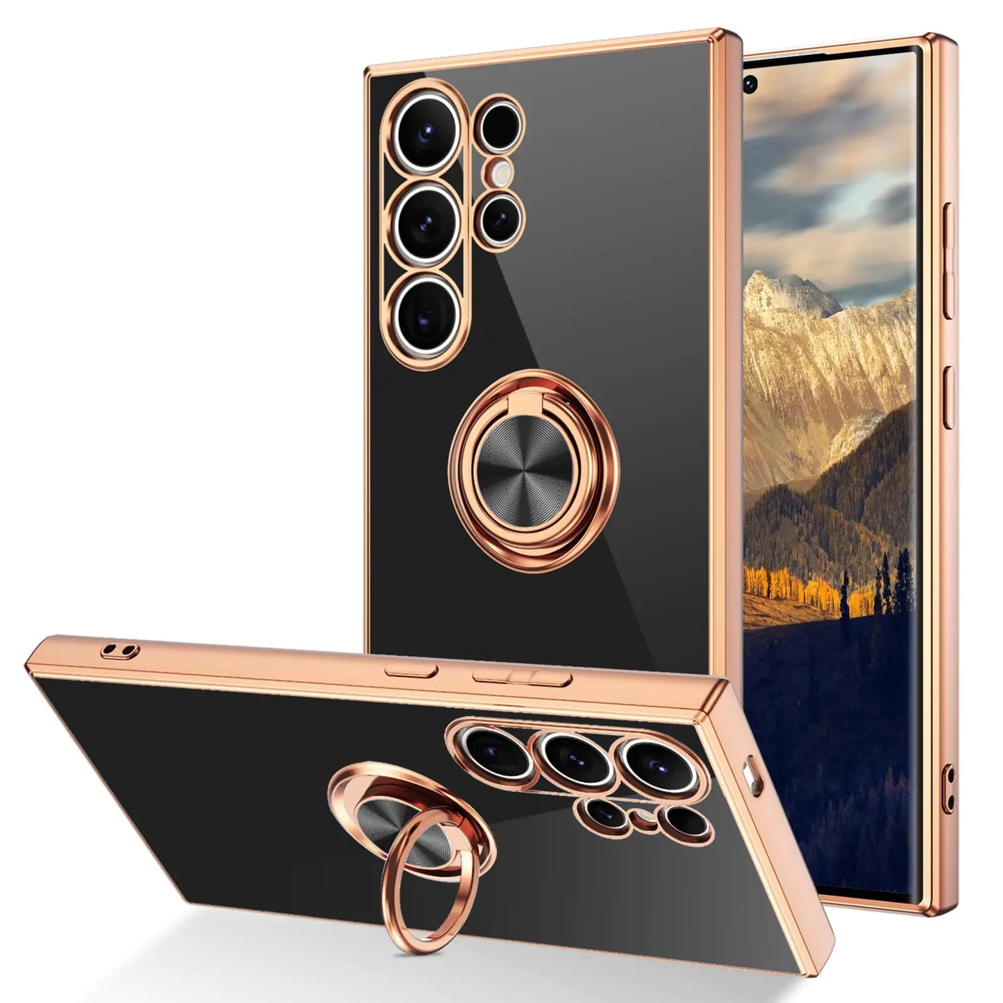 Samsung S24 Ultra Case with Ring Holder Kickstand Soft Slim Thin TPU Shockproof Electroplated Micro-Fibre Lining Anti-Scratch Protective Phone Case for Samsung Galaxy S24 Ultra 6.8" Black