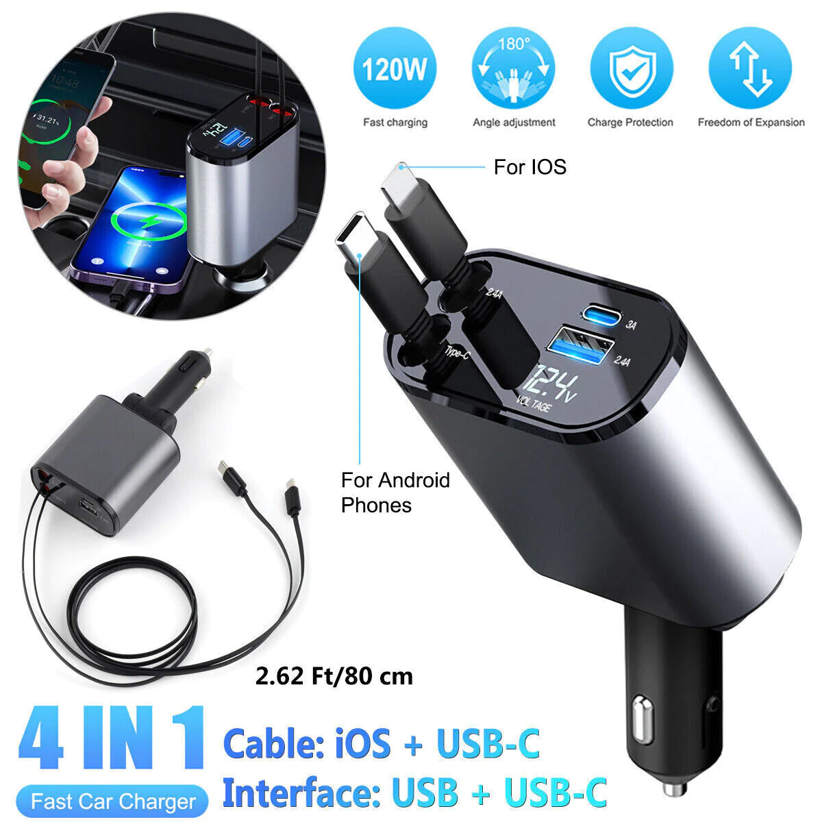 Retractable Car Charger 4 in 1 Fast Car Phone Charger 120W With USB Type C Cable