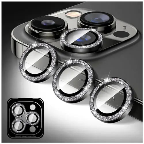 Bling Camera Lens Protector for iPhone Glitter 9H Tempered Glass Camera Cover Film Stickers Automatic Alignment Individual Metal Rings Phone Accessories