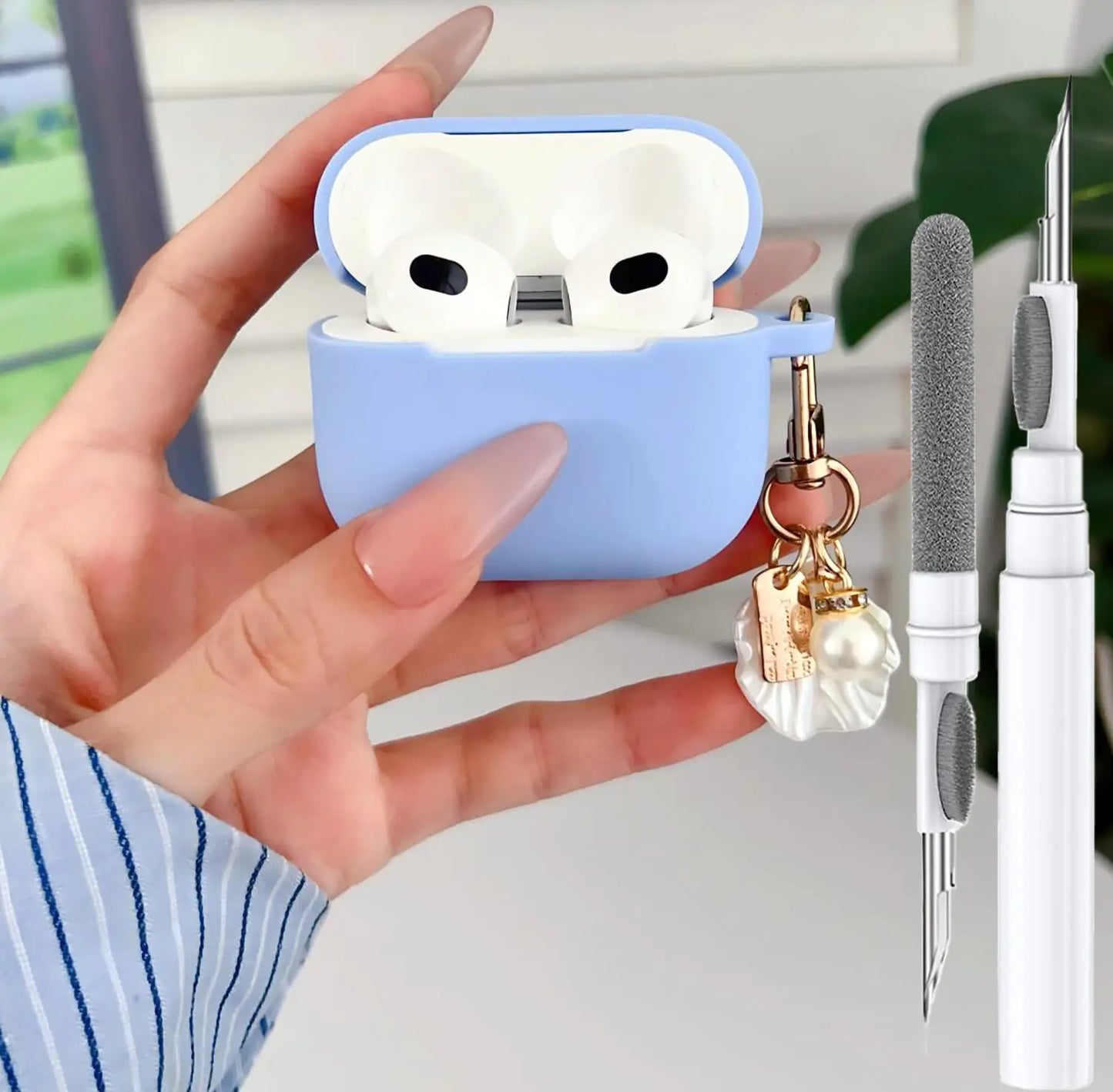 Cute Case for Airpods 4 Gen Case for Girl Women Soft Kawaii Silicone Airpod 4th Generation Case Cover with Shell Pearl Keychain & Cleaning Kit for Apple iPod Air Pod 4 Gen Case SkyBlue