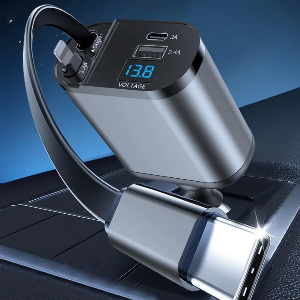 Retractable Car Charger 4 in 1 Fast Car Phone Charger 120W With USB Type C Cable