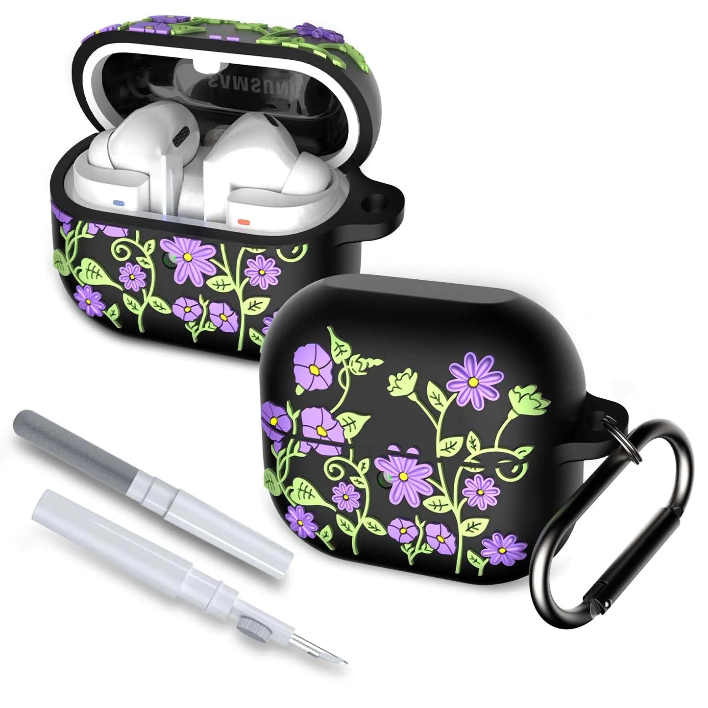 Flower Case for Galaxy Buds 3 Pro Case & Galaxy Buds 3 Case Cute Flower Embossed Design Silicone Protection Cute Case for Samsung Galaxy Buds 3 Pro Accessories with Keychain/Cleaner Kit (Black)